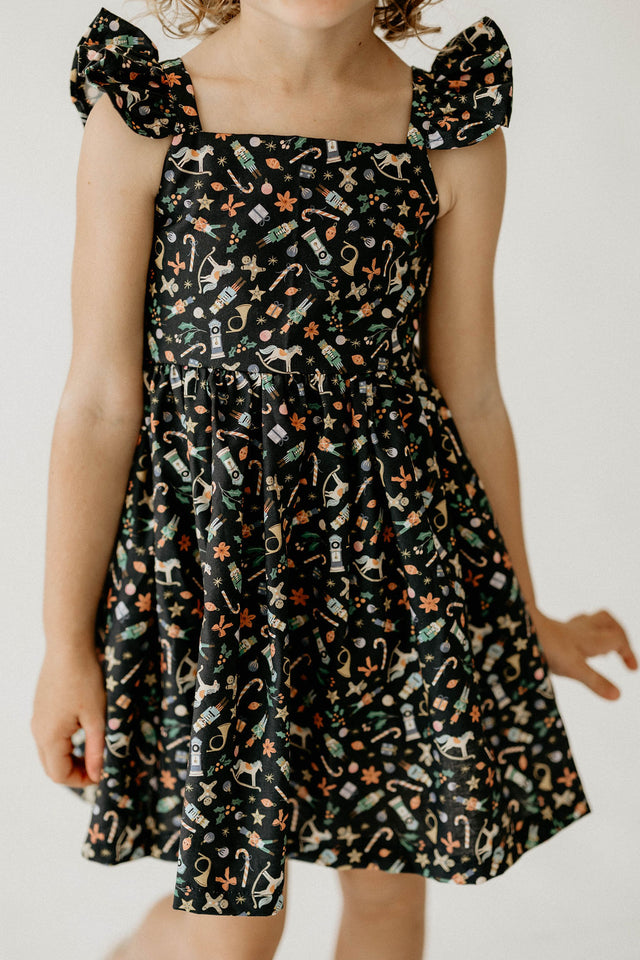 Girl’s Navy Christmas Print Flutter Sleeve Dress