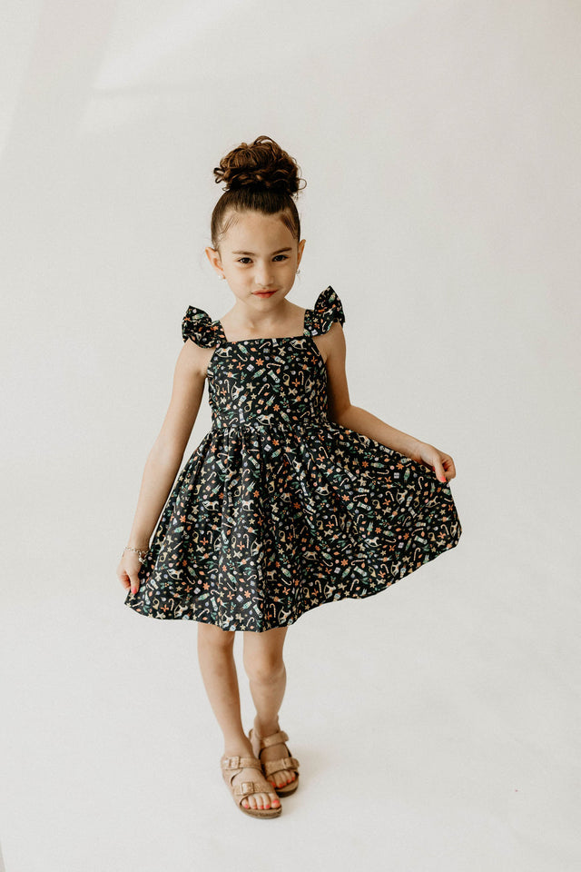 Girl’s Navy Christmas Print Flutter Sleeve Dress