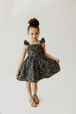 Girl’s Navy Christmas Print Flutter Sleeve Dress