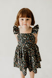 Girl’s Navy Christmas Print Flutter Sleeve Dress