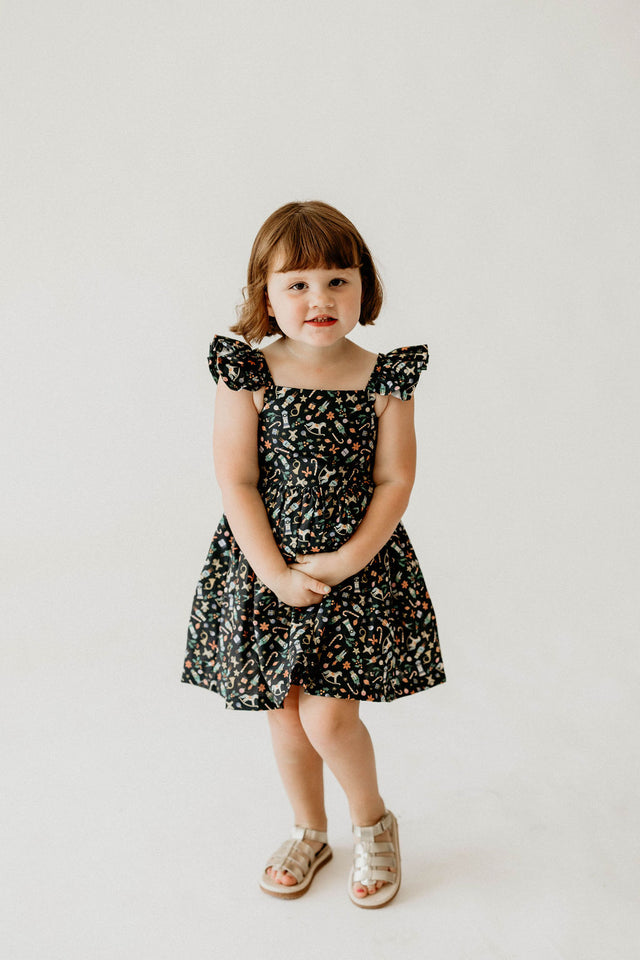 Girl’s Navy Christmas Print Flutter Sleeve Dress