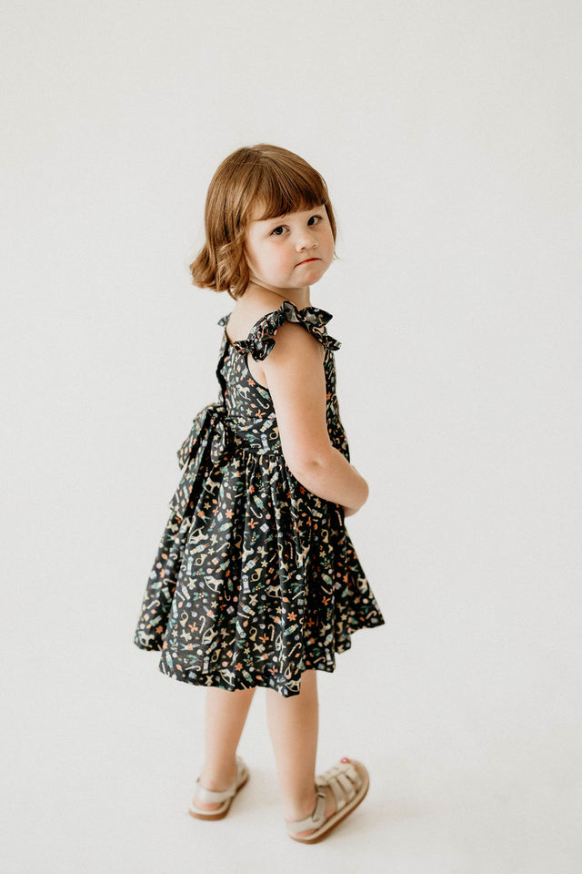 Girl’s Navy Christmas Print Flutter Sleeve Dress