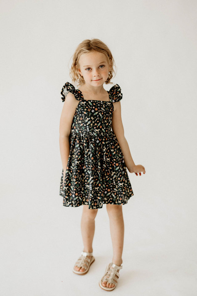 Girl’s Navy Christmas Print Flutter Sleeve Dress