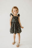 Girl’s Navy Christmas Print Flutter Sleeve Dress