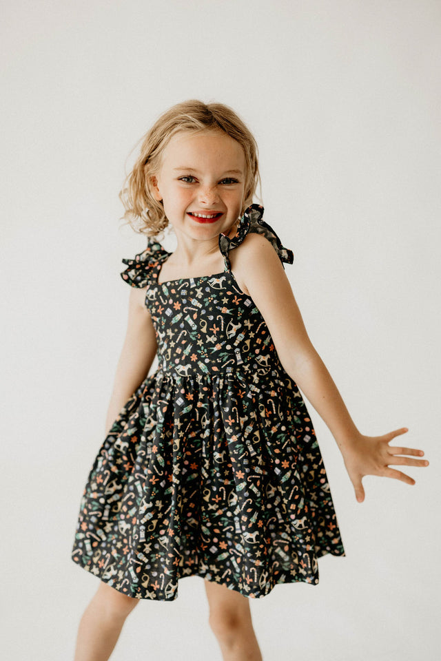 Girl’s Navy Christmas Print Flutter Sleeve Dress