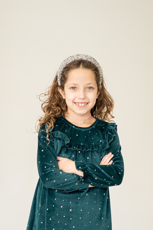 Girl's Green and Gold Stretch Velvet Ruffle Bib Shift Dress
