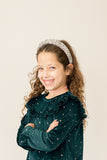Girl's Green and Gold Stretch Velvet Ruffle Bib Shift Dress