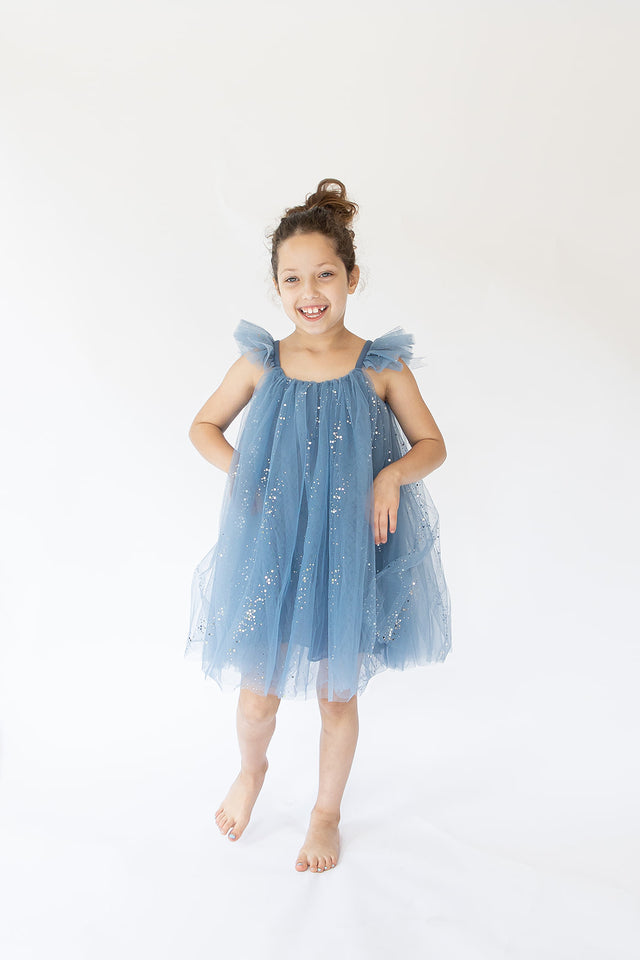 blue tulle flower girl dress
