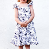 Girl’s Boho Black and white Floral Cotton Flutter Sleeve Peasant Dress