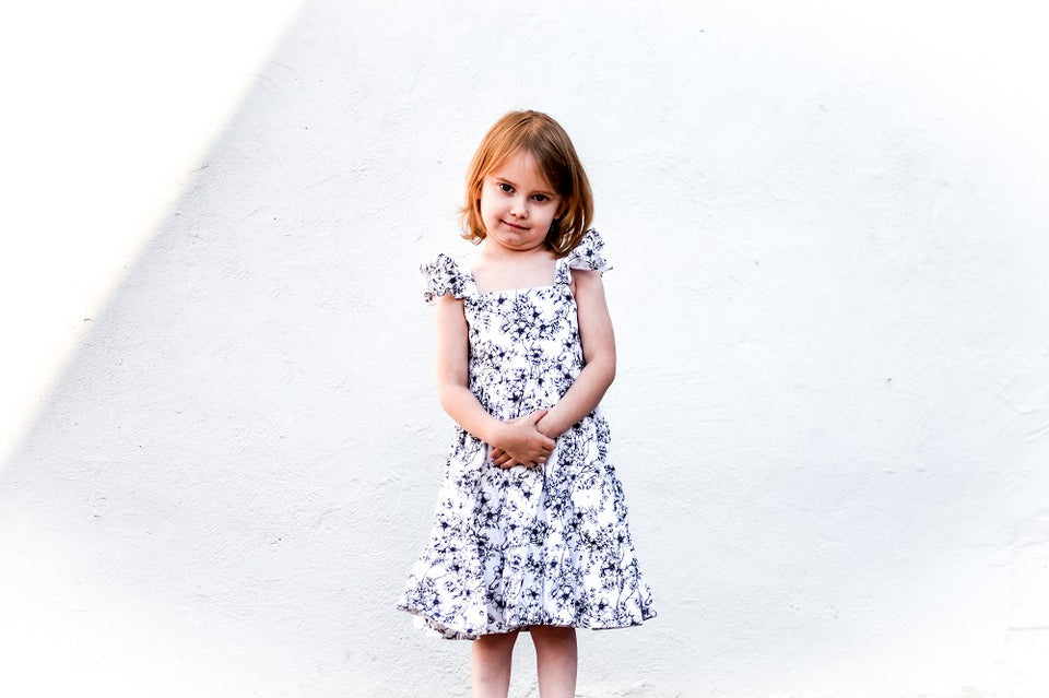 Girl’s Boho Black and white Floral Cotton Flutter Sleeve Peasant Dress