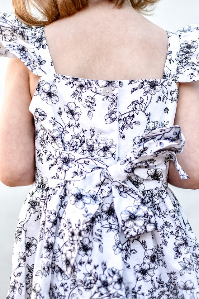 Girl’s Boho Black and white Floral Cotton Flutter Sleeve Peasant Dress