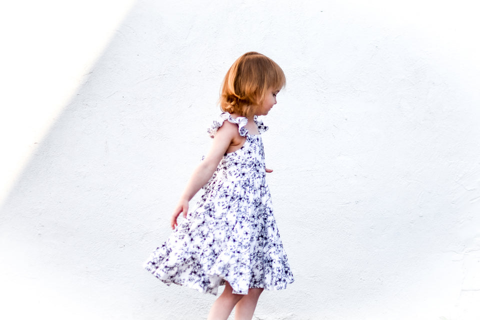 Girl’s Boho Black and white Floral Cotton Flutter Sleeve Peasant Dress