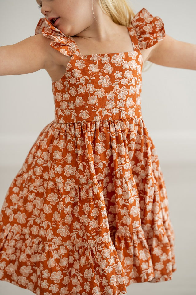 Girl’s Boho Rust and White Floral Cotton Flutter Sleeve Peasant Dress