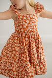Girl’s Boho Rust and White Floral Cotton Flutter Sleeve Peasant Dress