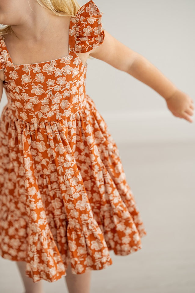 Girl’s Boho Rust and White Floral Cotton Flutter Sleeve Peasant Dress