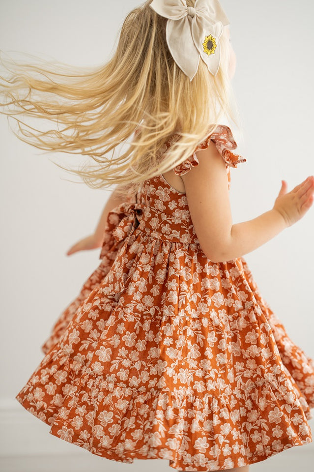 Girl’s Boho Rust and White Floral Cotton Flutter Sleeve Peasant Dress