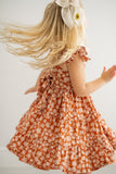 Girl’s Boho Rust and White Floral Cotton Flutter Sleeve Peasant Dress
