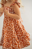 Girl’s Boho Rust and White Floral Cotton Flutter Sleeve Peasant Dress
