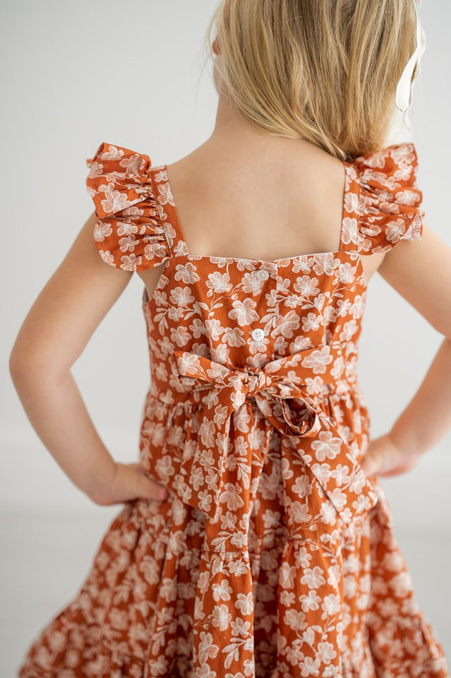 Girl’s Boho Rust and White Floral Cotton Flutter Sleeve Peasant Dress
