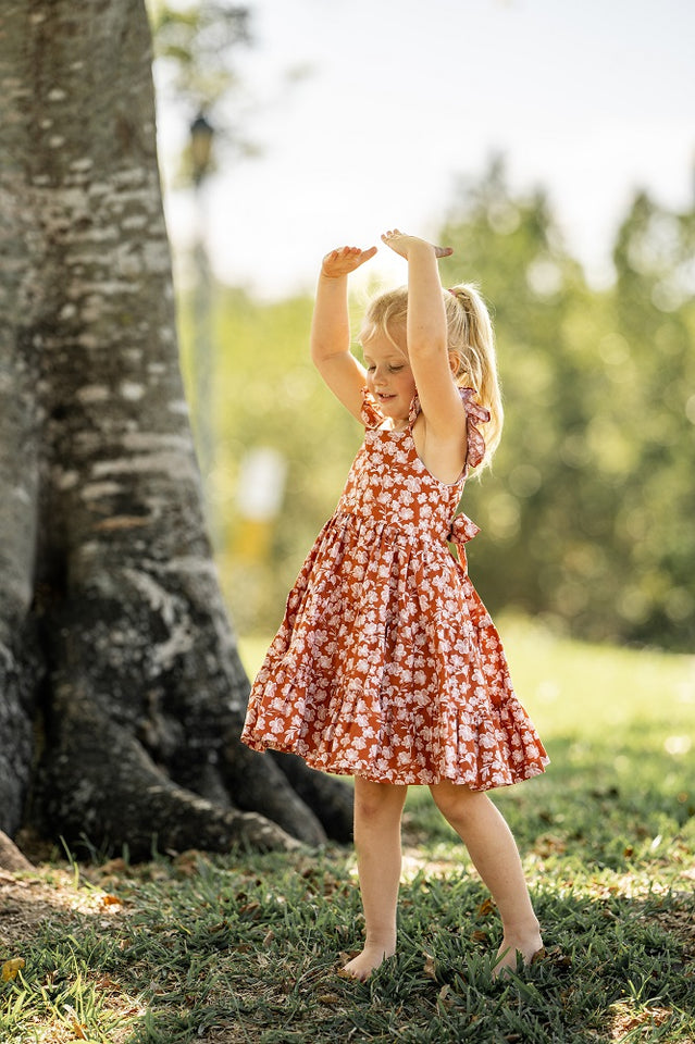 Girl’s Boho Rust and White Floral Cotton Flutter Sleeve Peasant Dress