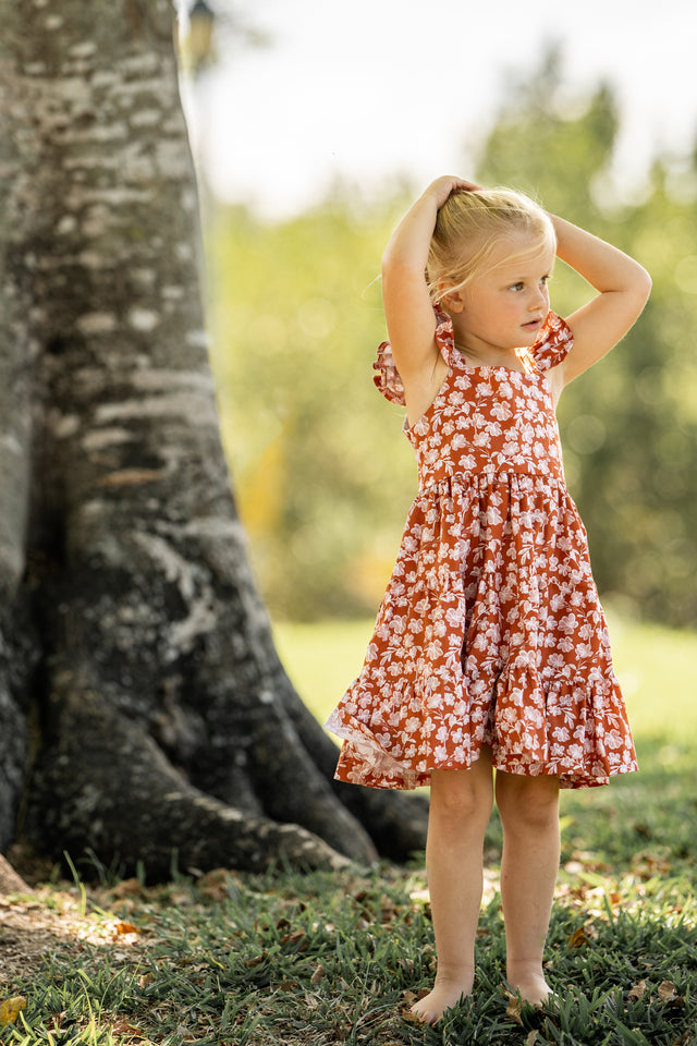 Girl’s Boho Rust and White Floral Cotton Flutter Sleeve Peasant Dress