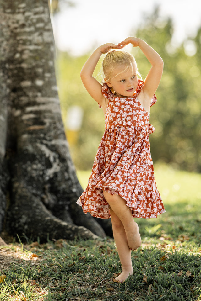 Girl’s Boho Rust and White Floral Cotton Flutter Sleeve Peasant Dress