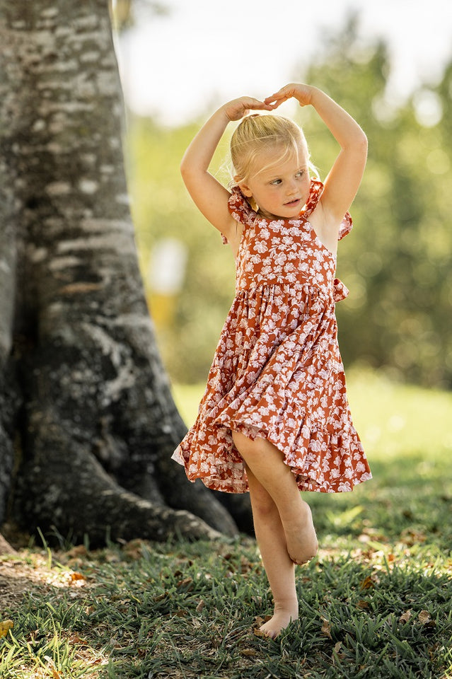 Girl’s Boho Rust and White Floral Cotton Flutter Sleeve Peasant Dress