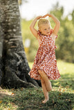 Girl’s Boho Rust and White Floral Cotton Flutter Sleeve Peasant Dress