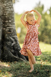 Girl’s Boho Rust and White Floral Cotton Flutter Sleeve Peasant Dress
