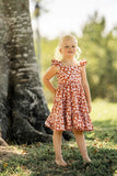 Girl’s Boho Rust and White Floral Cotton Flutter Sleeve Peasant Dress