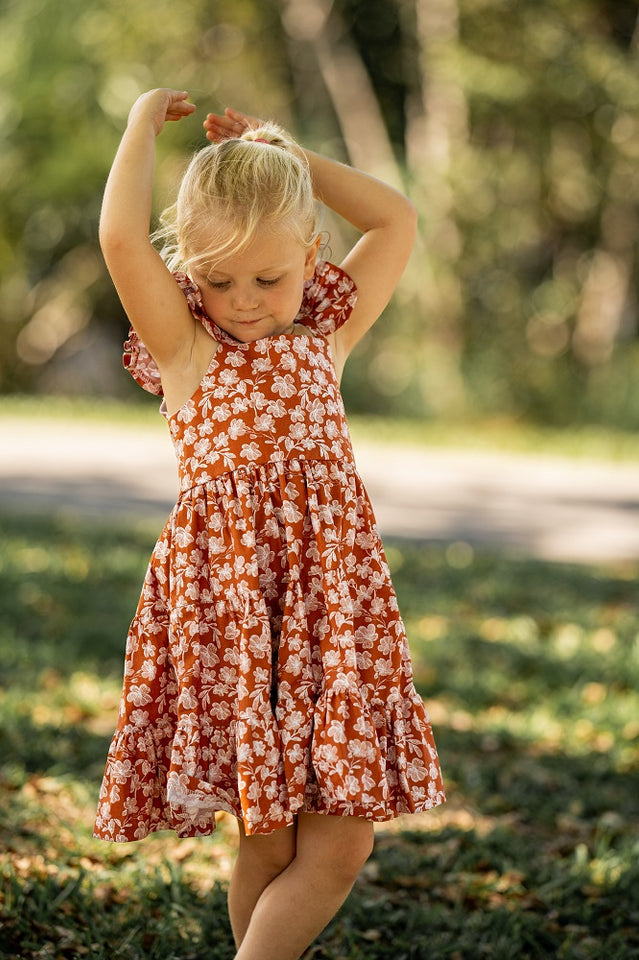 Girl’s Boho Rust and White Floral Cotton Flutter Sleeve Peasant Dress