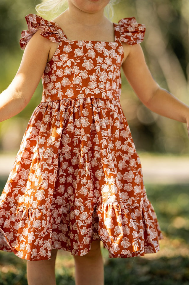 Girl’s Boho Rust and White Floral Cotton Flutter Sleeve Peasant Dress