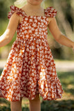 Girl’s Boho Rust and White Floral Cotton Flutter Sleeve Peasant Dress