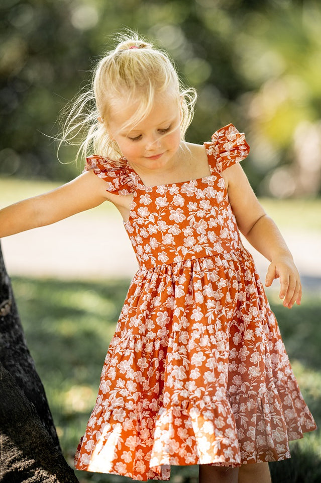 Girl’s Boho Rust and White Floral Cotton Flutter Sleeve Peasant Dress