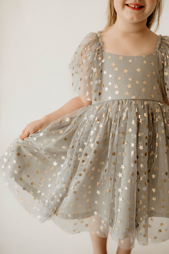 Girl's Gray Tulle with Gold Stars Twirl Party Dress
