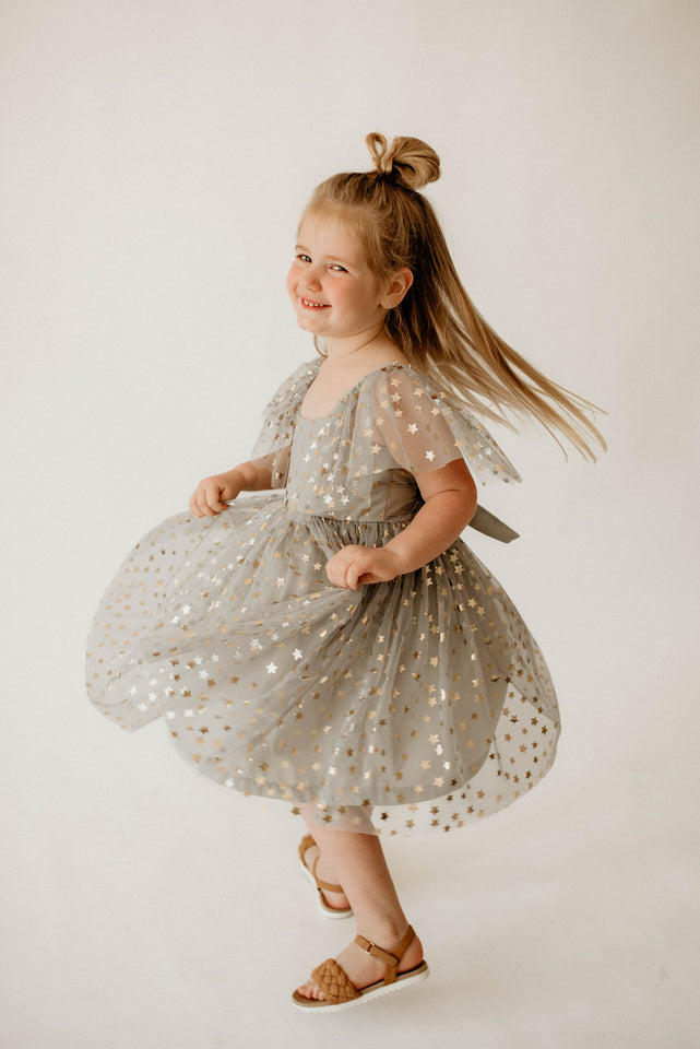 Girl's Gray Tulle with Gold Stars Twirl Party Dress