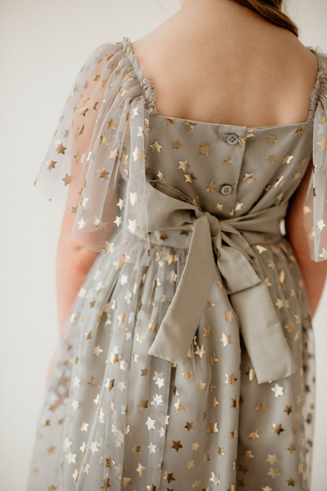 Girl's Gray Tulle with Gold Stars Twirl Party Dress