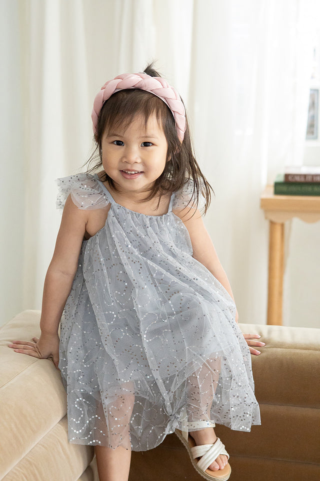 little girls gray and silver sequin swirl tulle dress