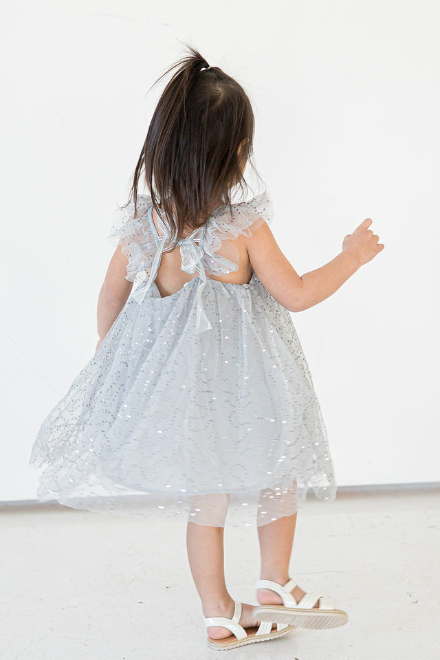 little girls gray and silver sequin swirl tulle dress