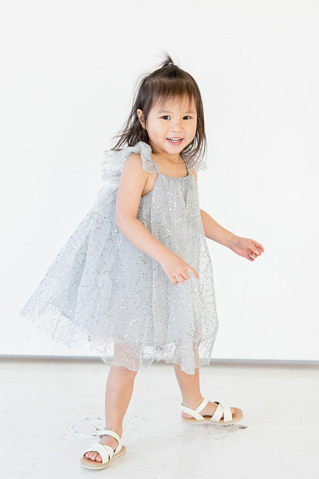 Little Girl's Gray and Silver Sequin Swirl Tulle Shift Dress