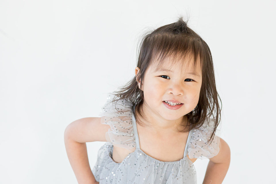 Little Girl's Gray and Silver Sequin Swirl Tulle Shift Dress