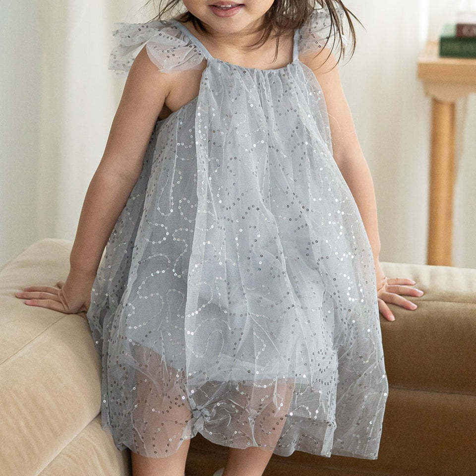 little girls gray and silver sequin swirl tulle dress