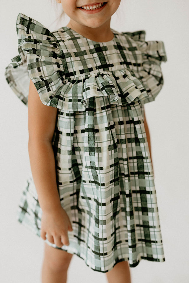 Girl’s Hunter Green Christmas Plaid Dress with Ruffle Collar