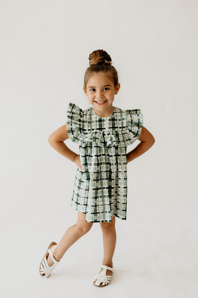 Girl’s Hunter Green Christmas Plaid Dress with Ruffle Collar