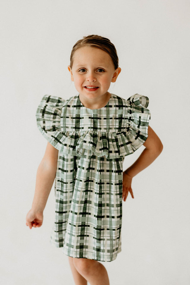Girl’s Hunter Green Christmas Plaid Dress with Ruffle Collar