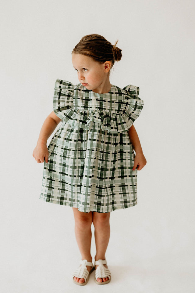Girl’s Hunter Green Christmas Plaid Dress with Ruffle Collar
