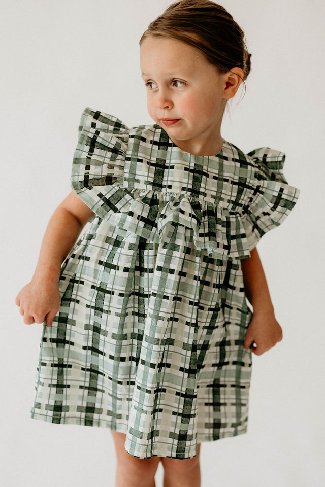 Girl’s Hunter Green Christmas Plaid Dress with Ruffle Collar