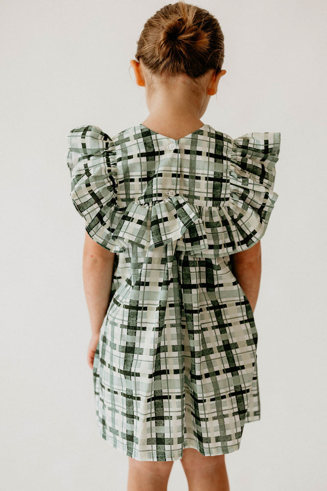 Girl’s Hunter Green Christmas Plaid Dress with Ruffle Collar