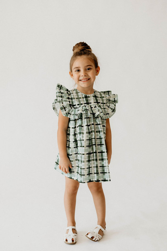 Girl’s Hunter Green Christmas Plaid Dress with Ruffle Collar