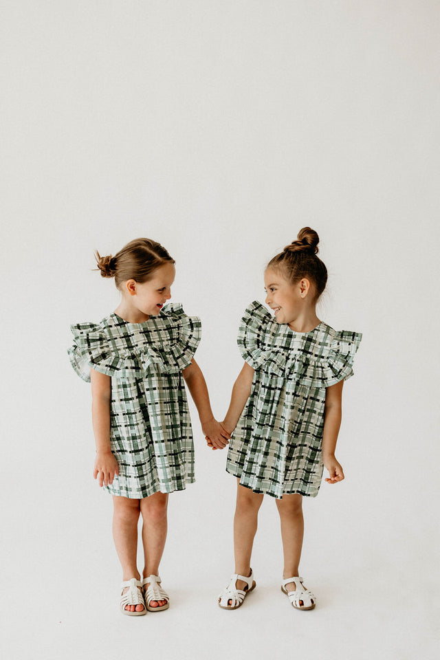 Girl’s Hunter Green Christmas Plaid Dress with Ruffle Collar